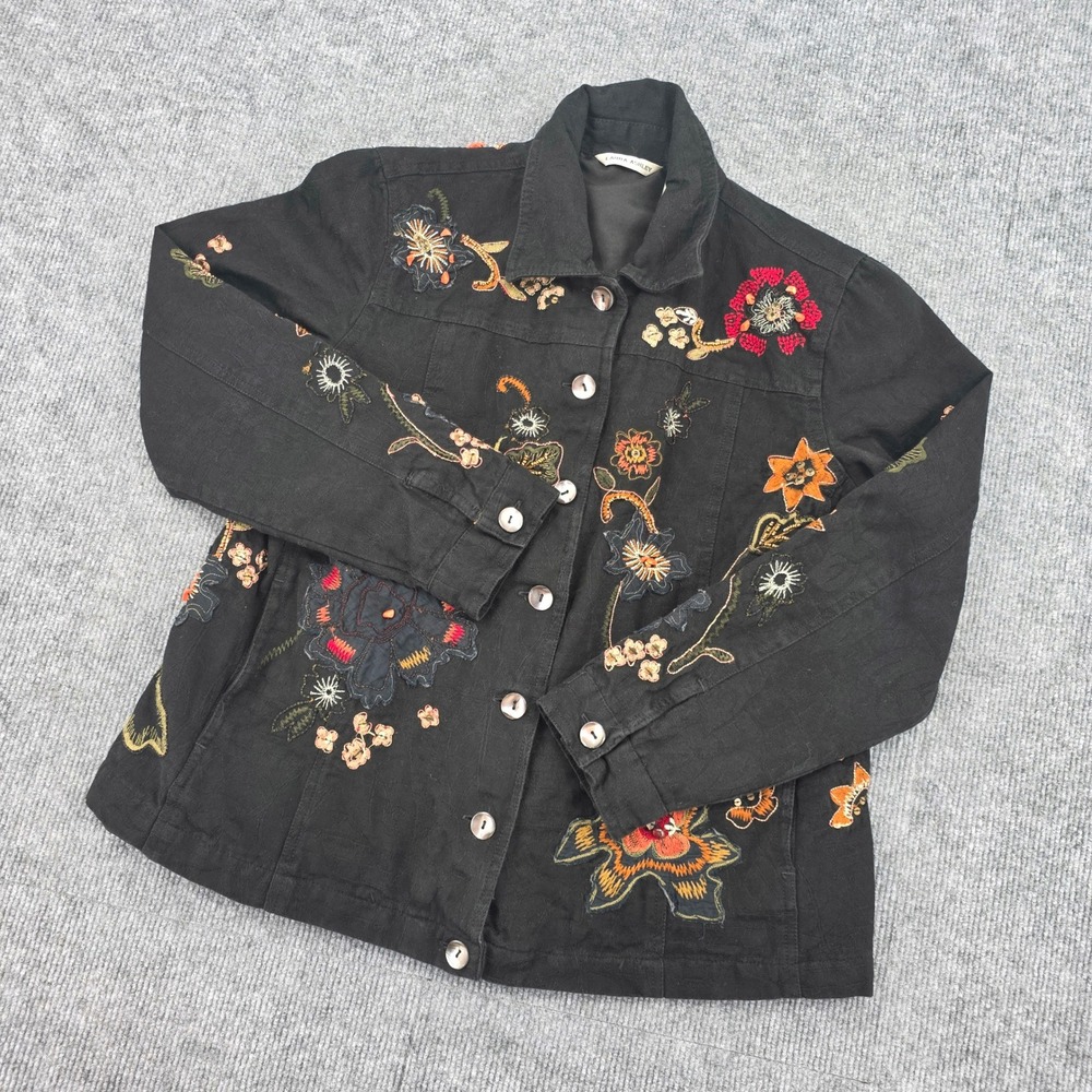 Laura Ashley Black Cotton Embroidered Floral Sequin Button Front Jacket Medium